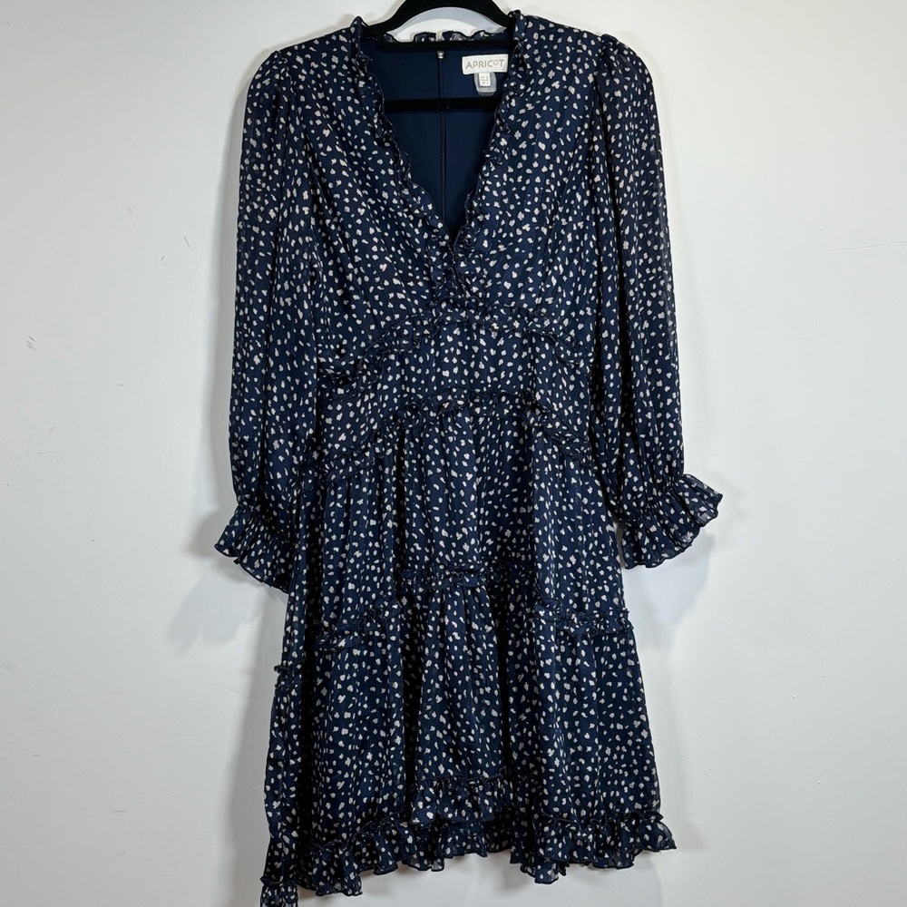 Apricot Navy Blue Ruffle V-Neck Tiered Mini Dress Romantic Cottagecore US 4 - Picture 3 of 16